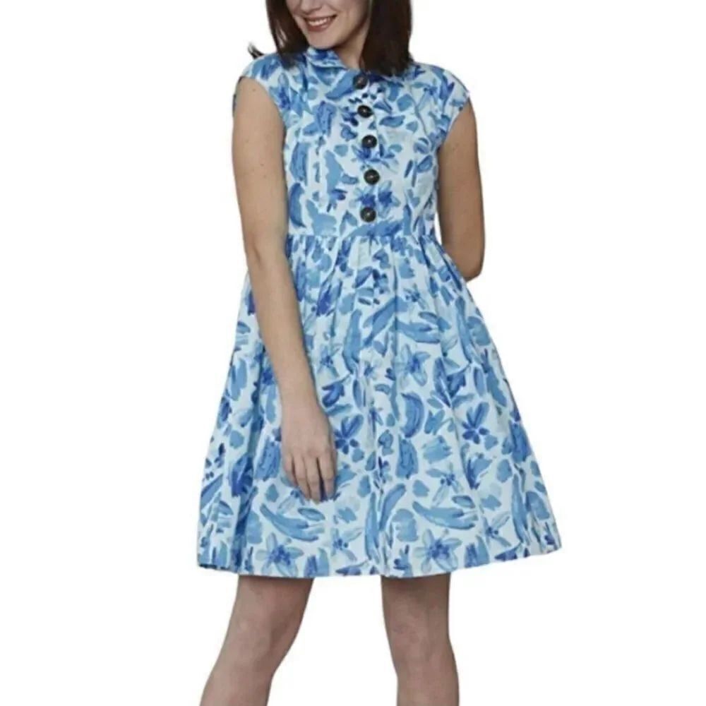 NEW Vero Moda Linen Floral Button Down A-line Mini Dress in Cool Blue Size XS